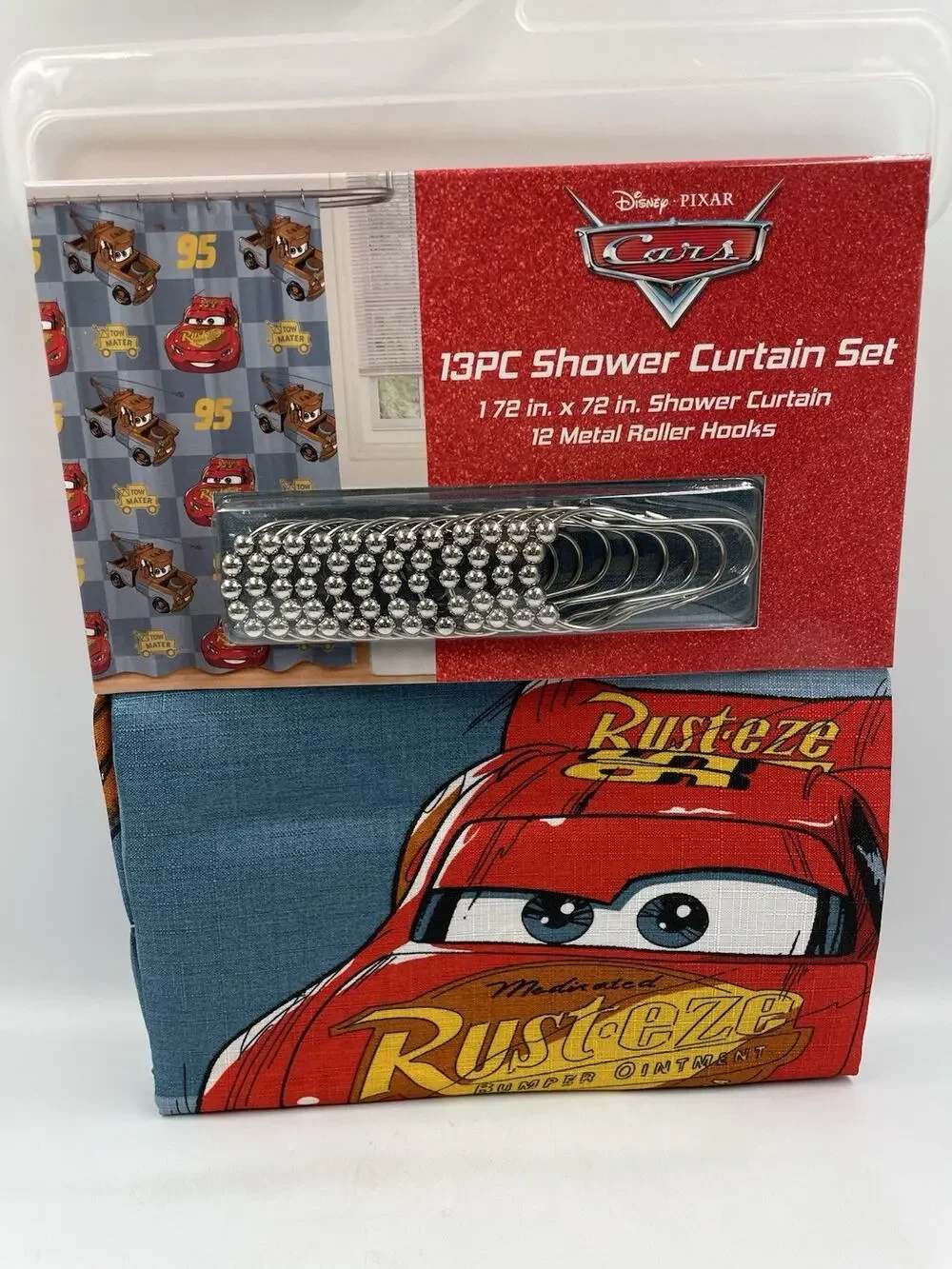 Disney Pixar Cars 13pc Shower Curtain Set 72x72 Polyester w/ Metal Roller Hooks